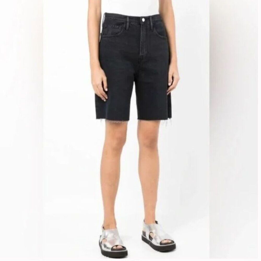 New FRAME Women's Shorts High Rise Wide-leg Bermuda Denim Black Inkwell size 24